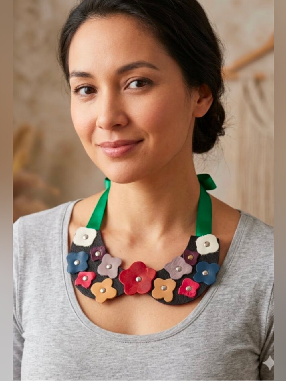 Handmade Genuine Leather Flower Peter Pan Statement Necklace Multi 068